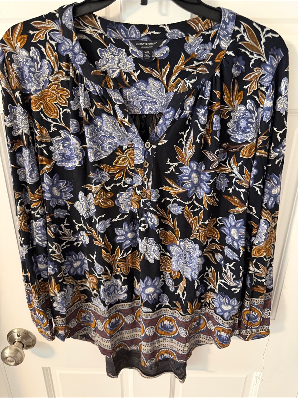 Lucky Brand Black Botanical Floral Henley V-Neck Long Sleeve Tunic Blouse M